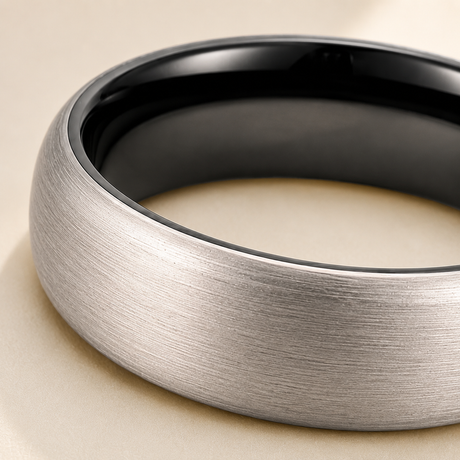Classic Brushed Tungsten Wedding Band detail photo - close-up of brushed exterior and black interior finish Anthology Jewelry