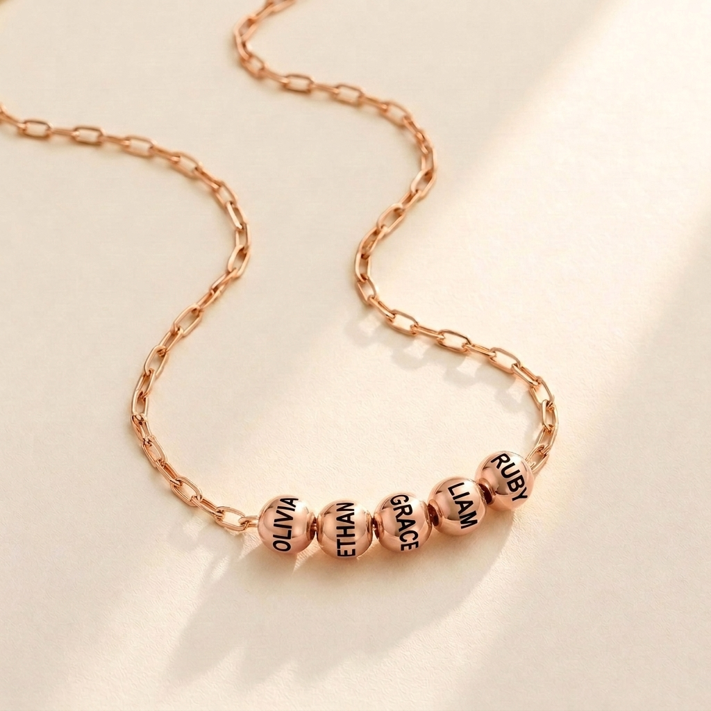 Custom Add-A-Bead Necklace rose gold hero photo - engraved name beads Anthology Jewelry