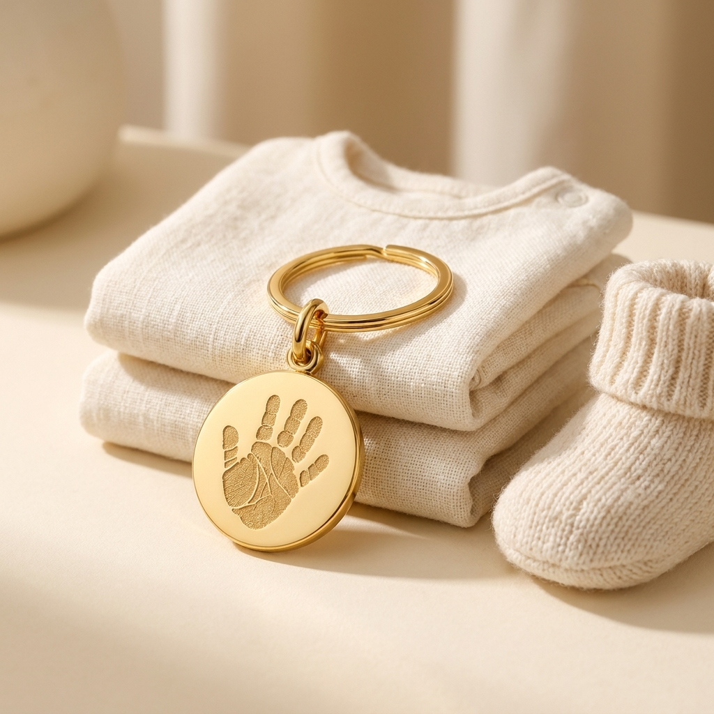 Custom Baby Handprint or Footprint Keychain glamour photo - gold handprint keychain styled with baby clothes and bootie Anthology Jewelry
