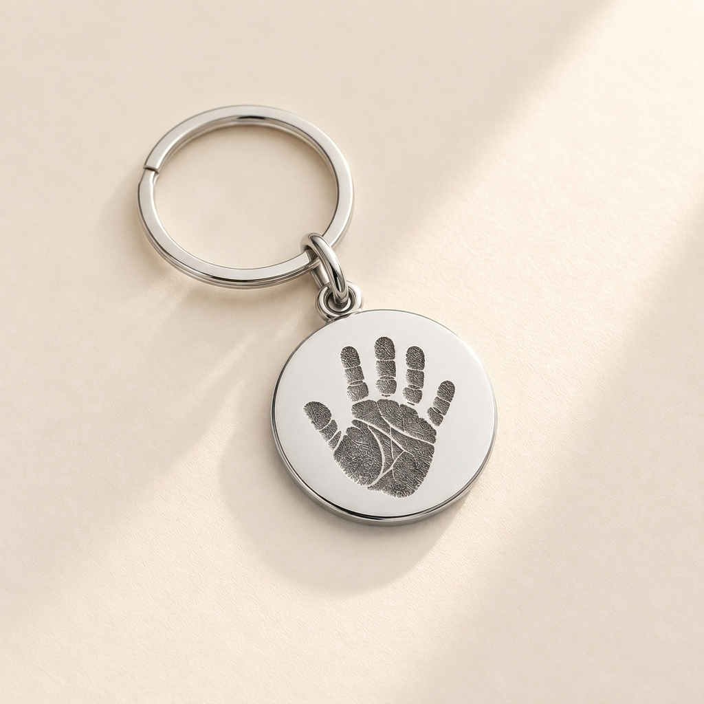 Custom Baby Handprint or Footprint Keychain hero photo - sterling silver handprint keepsake keychain Anthology Jewelry