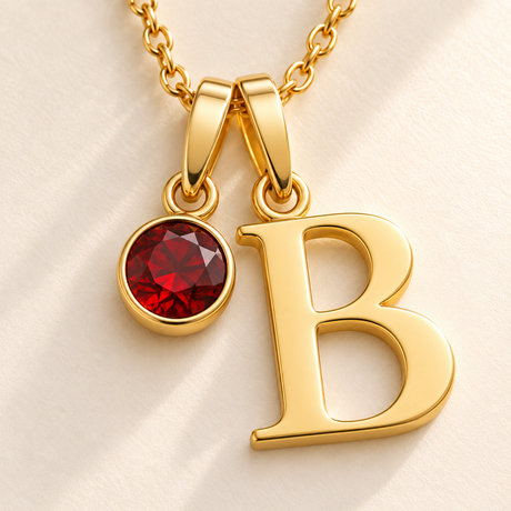 Custom Birthstone Initial Necklace macro detail photo - gold January red round birthstone setting and complete serif B pendant Anthology Jewelry