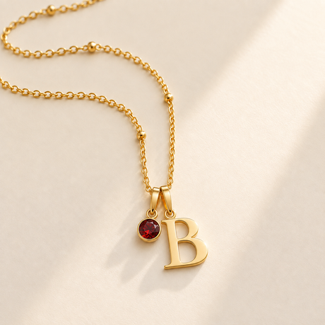 Custom Birthstone Initial Necklace hero photo - two separate bails with serif initial B and round birthstone Anthology Jewelry