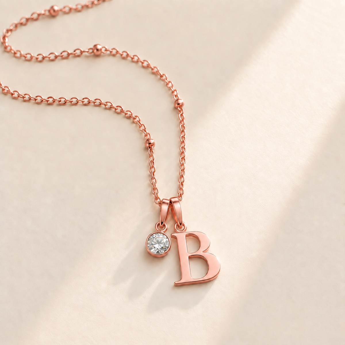 Custom Birthstone Initial Necklace april rose gold birthstone photo - serif initial B with round birthstone Anthology Jewelry