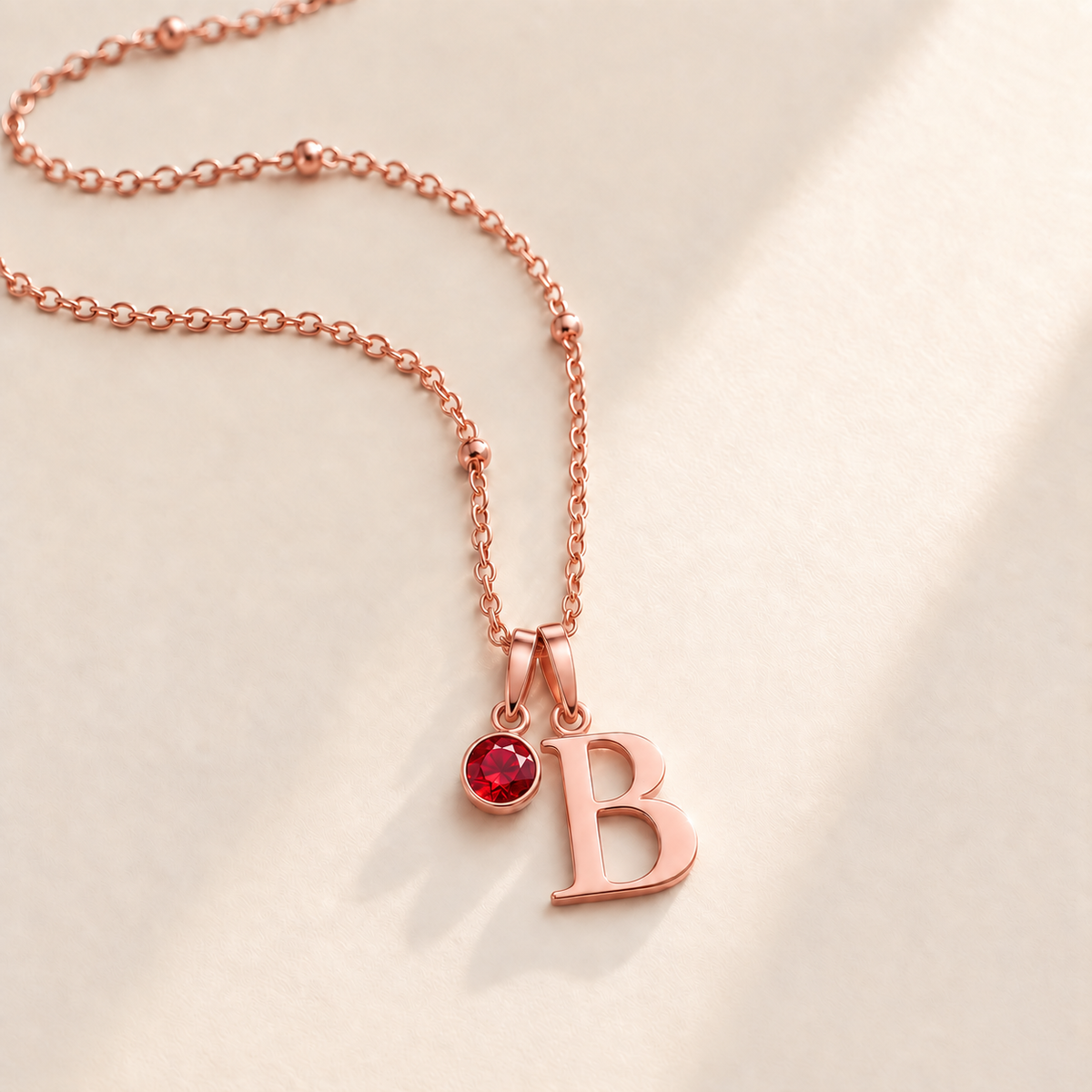 Custom Birthstone Initial Necklace july rose gold birthstone photo - serif initial B with round birthstone Anthology Jewelry