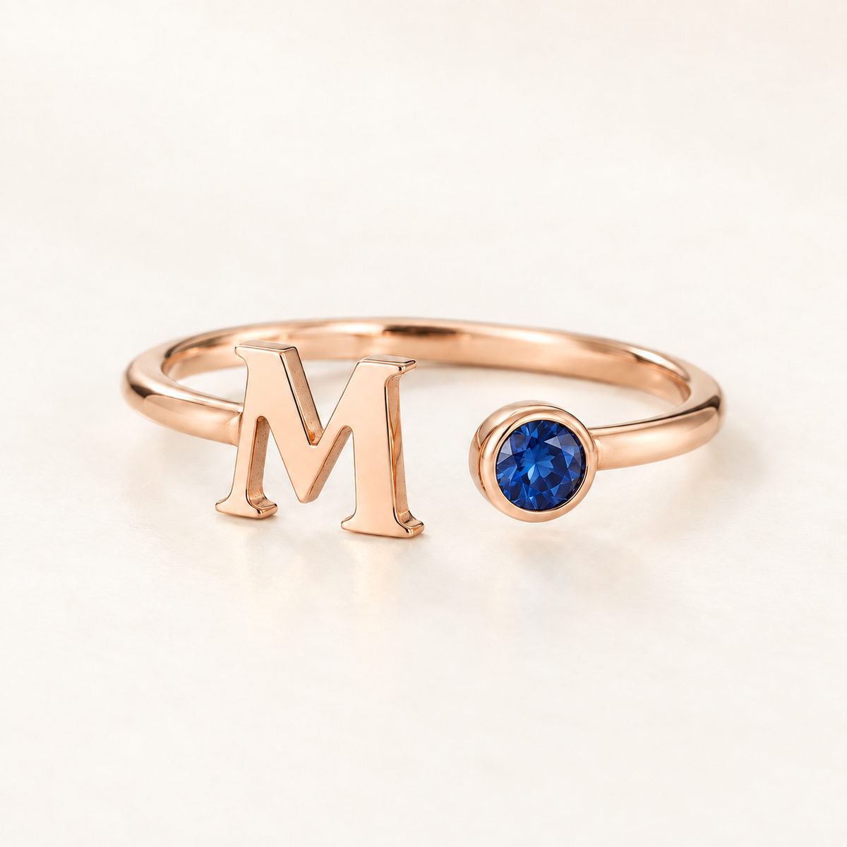 Custom open birthstone initial ring — hero rose gold