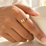 Custom open birthstone initial ring — lifestyle 1