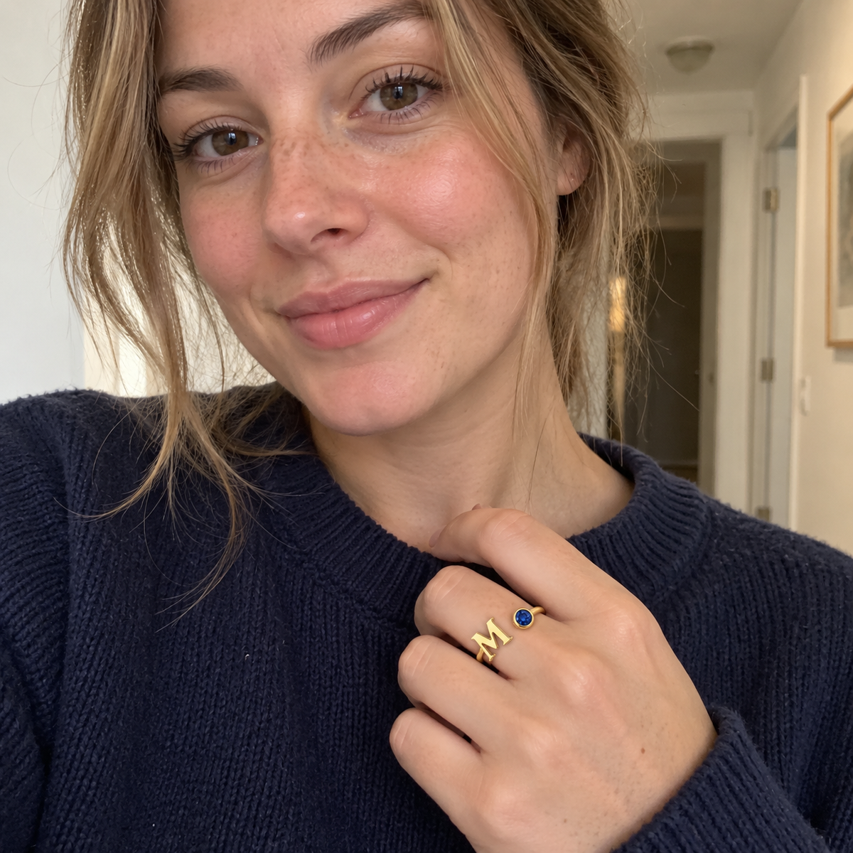 Custom open birthstone initial ring — ugc 1