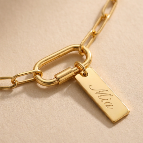 Custom Carabiner Charm Necklace detail photo - macro closeup of carabiner clasp and engraved charm tag Anthology Jewelry