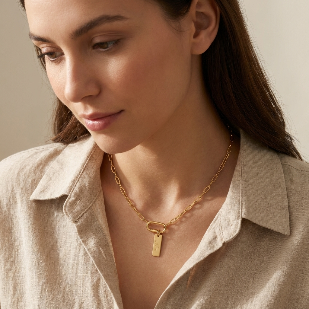Custom Carabiner Charm Necklace lifestyle photo - woman wearing gold paperclip chain carabiner necklace close up Anthology Jewelry