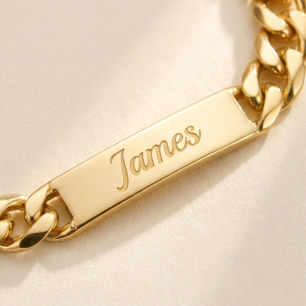 Custom Chunky Chain Nameplate Necklace detail photo - macro closeup of engraved gold nameplate tag Anthology Jewelry
