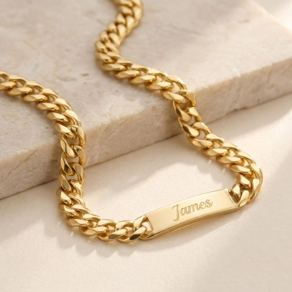 Custom Chunky Chain Nameplate Necklace glamour photo - gold curb chain nameplate necklace on marble surface Anthology Jewelry