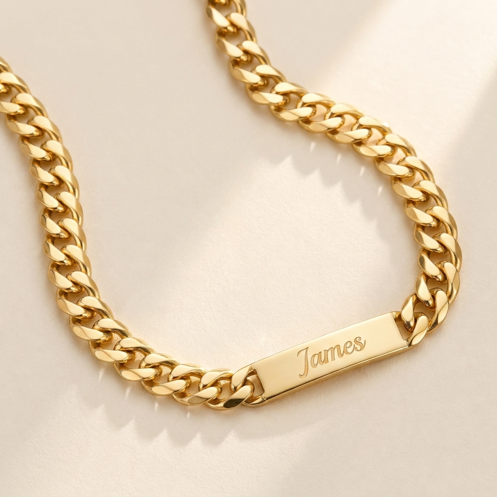Custom Chunky Chain Nameplate Necklace hero photo - gold curb chain necklace with engraved nameplate tag on cream background Anthology Jewelry