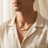 Custom Chunky Chain Nameplate Necklace lifestyle photo - man wearing gold curb chain necklace with nameplate Anthology Jewelry