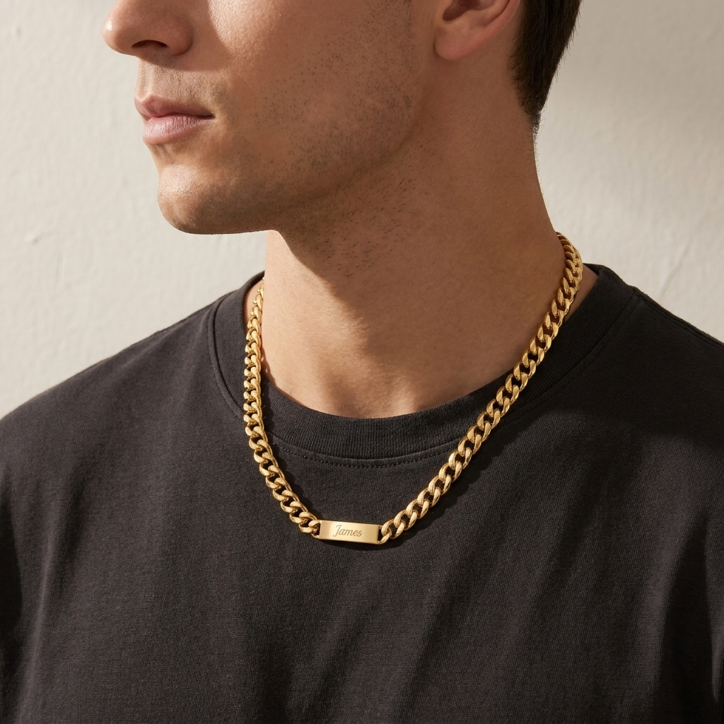 Custom Chunky Chain Nameplate Necklace lifestyle photo - man wearing gold curb chain nameplate necklace close up Anthology Jewelry