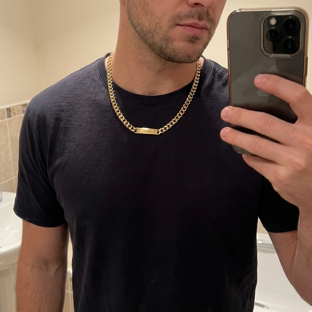 Custom Chunky Chain Nameplate Necklace UGC photo - candid mirror selfie wearing gold curb chain nameplate necklace Anthology Jewelry