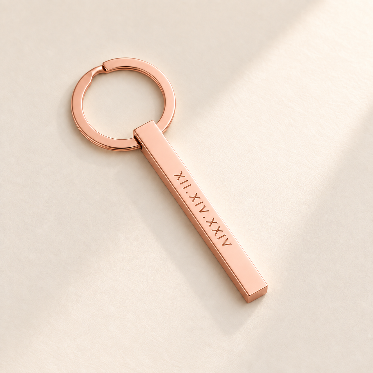 Custom Classic Column Keychain rose gold hero photo - Roman numeral date engraving Anthology Jewelry