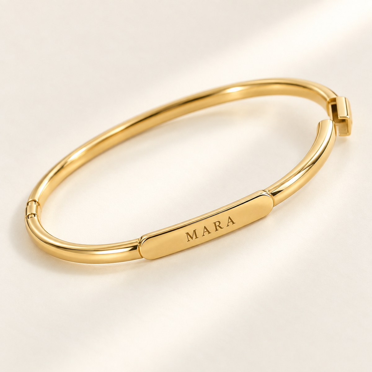Custom Classic Hinge Bangle glamour photo - open gold bangle engraved MARA Anthology Jewelry