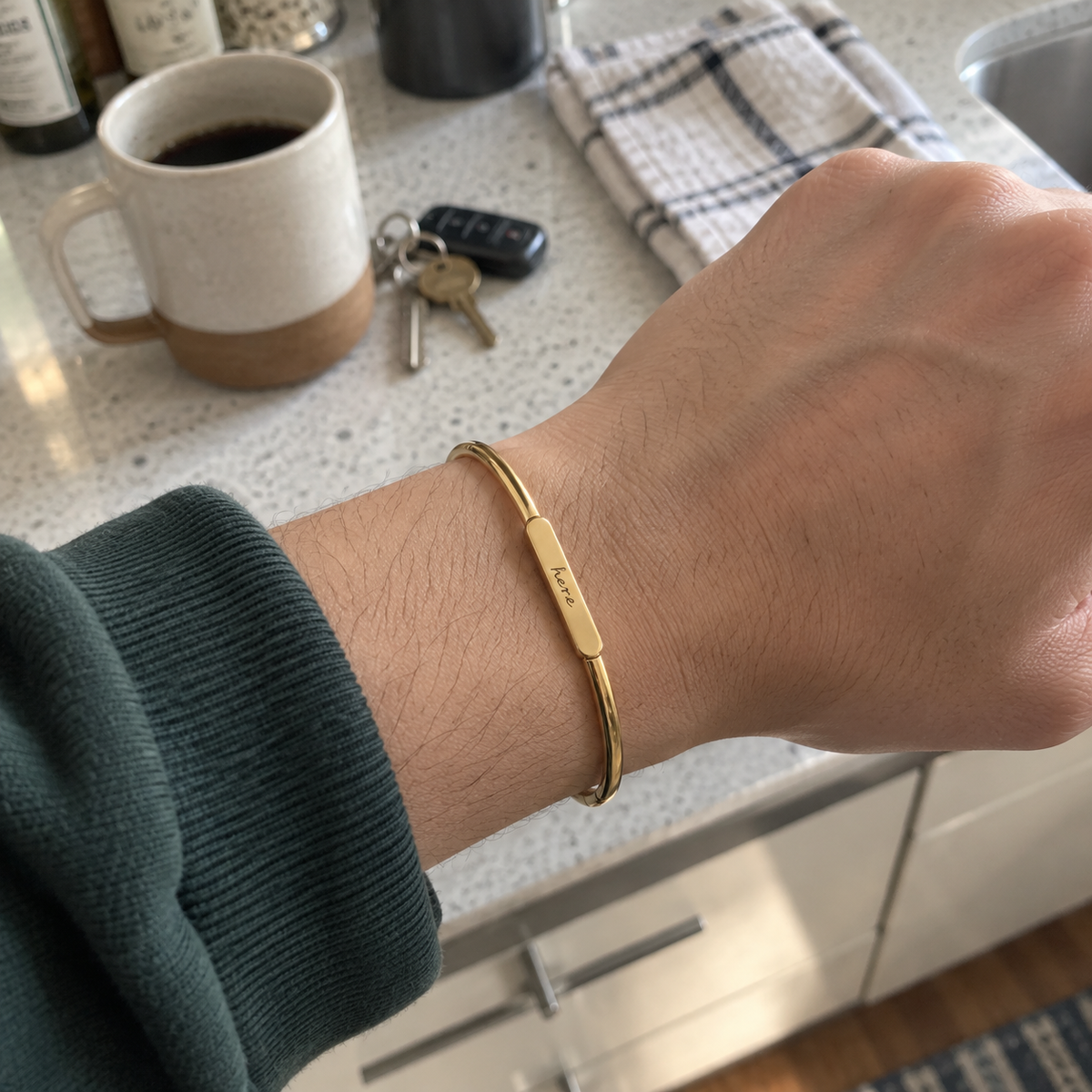 Custom Classic Hinge Bangle UGC photo - gold handwritten bangle in kitchen Anthology Jewelry