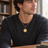 Custom Compass Initial Necklace man wearing gold compass initial necklace Anthology Jewelry