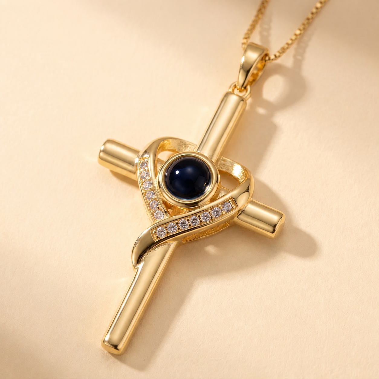 Custom Cross Necklace detail photo - close-up of cross pendant and photo projection stone Anthology Jewelry