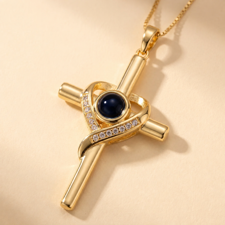 Custom Cross Necklace detail photo - close-up of cross pendant and photo projection stone Anthology Jewelry