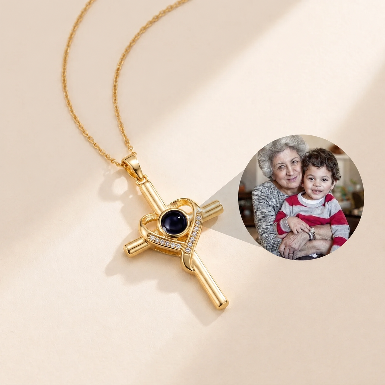 Custom Cross Necklace hero photo - cross pendant with photo projection stone Anthology Jewelry