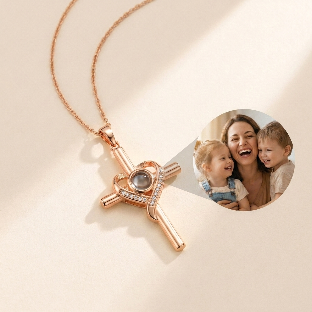 Custom Cross Necklace hero photo - rose gold cross pendant with photo projection stone Anthology Jewelry
