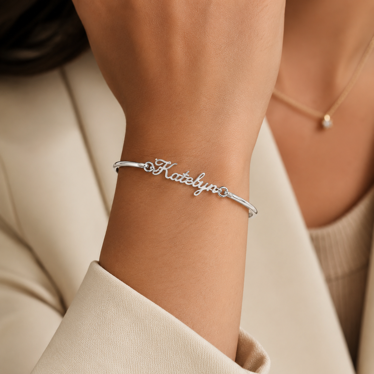 Custom cuff bracelet close up detail - personalized handwriting Anthology