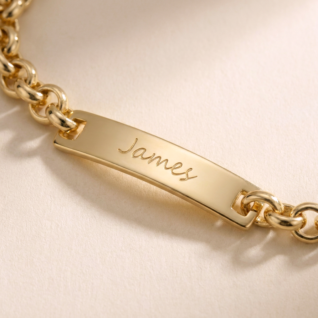 Custom Curb Chain ID Bracelet close up detail - engraved ID plate metal quality Anthology Jewelry