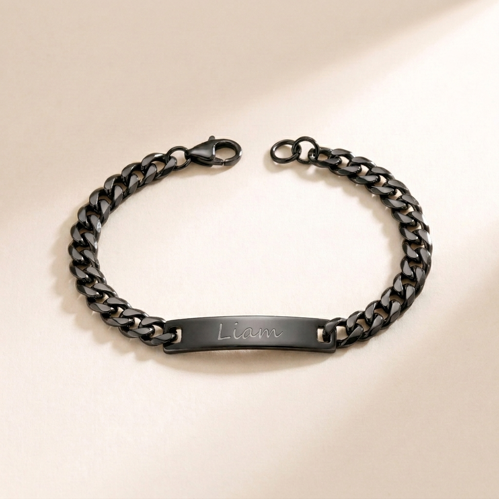 Custom Curb Chain ID Bracelet black rhodium photo - engraved black rhodium plated curb chain ID bracelet Anthology Jewelry