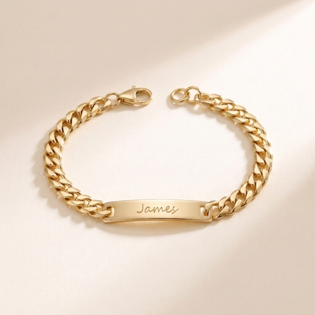 Custom Curb Chain ID Bracelet hero photo - men's engraved gold curb chain ID bracelet Anthology Jewelry