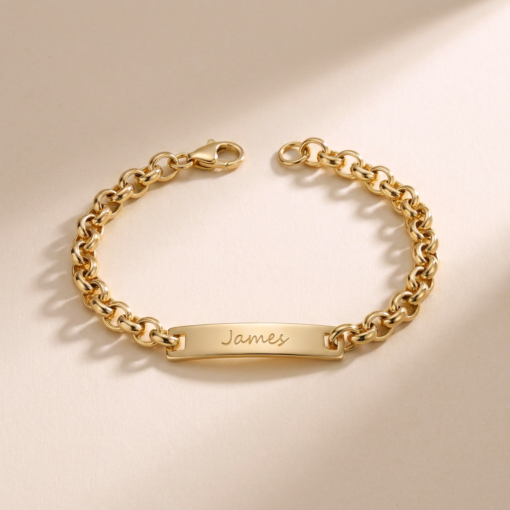 Custom Curb Chain ID Bracelet hero photo - men's engraved gold ID bracelet Anthology Jewelry