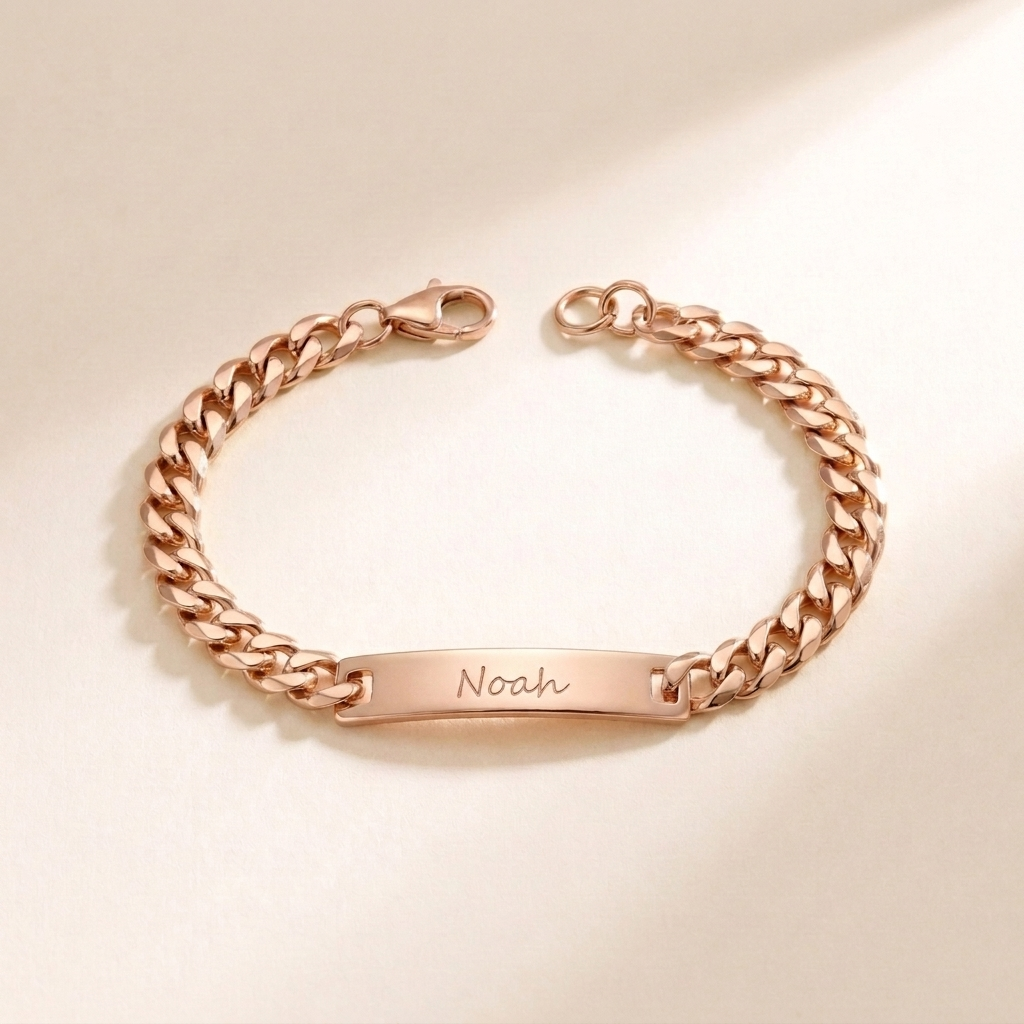 Custom Curb Chain ID Bracelet rose gold photo - engraved rose gold curb chain ID bracelet Anthology Jewelry