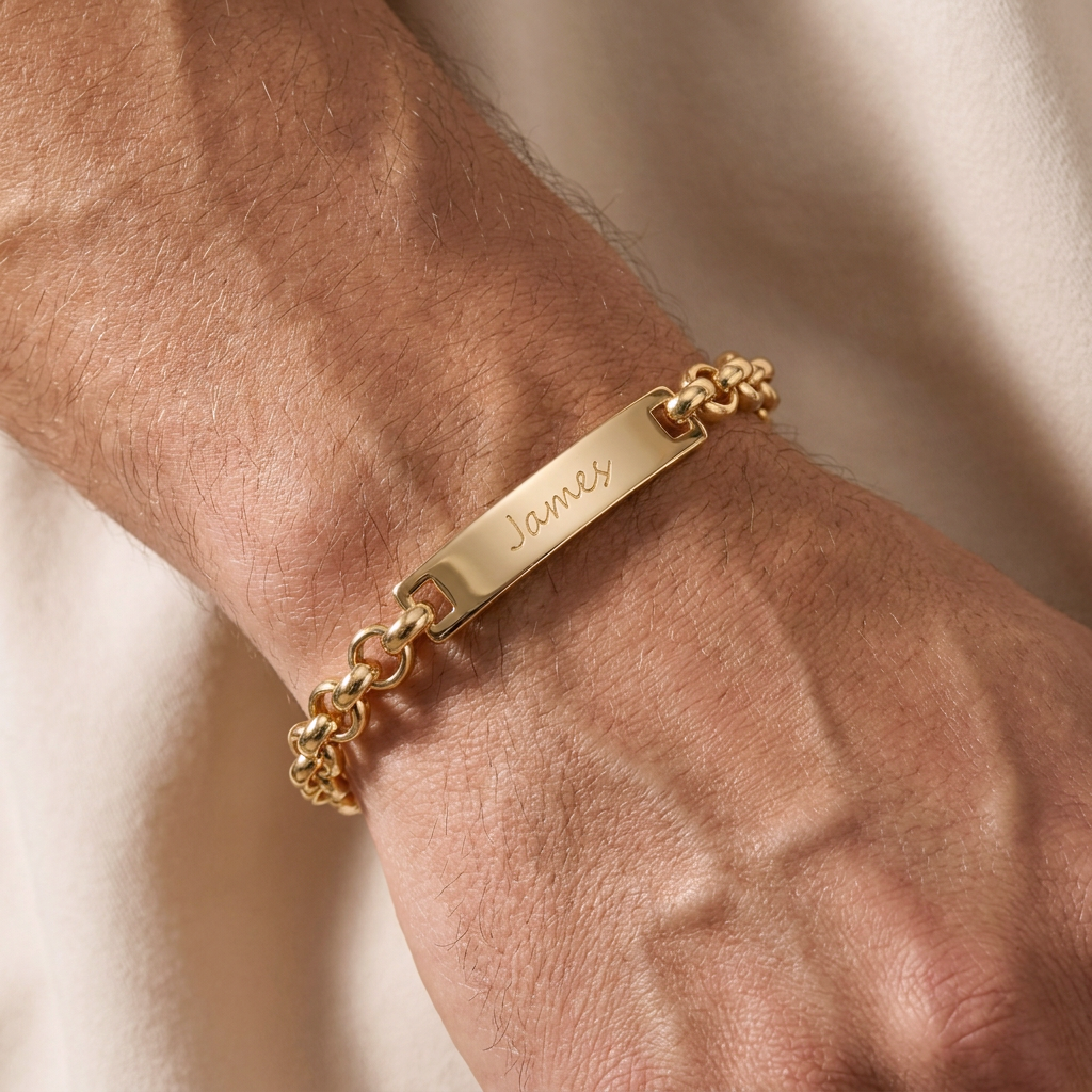 Custom Curb Chain ID Bracelet lifestyle photo - worn engraved men's ID bracelet Anthology Jewelry