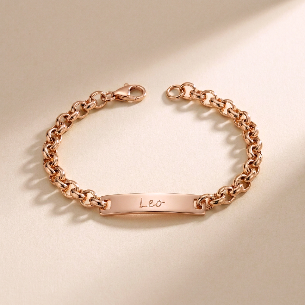 Custom Curb Chain ID Bracelet rose gold pendant close up - engraved rose gold ID bracelet Anthology Jewelry