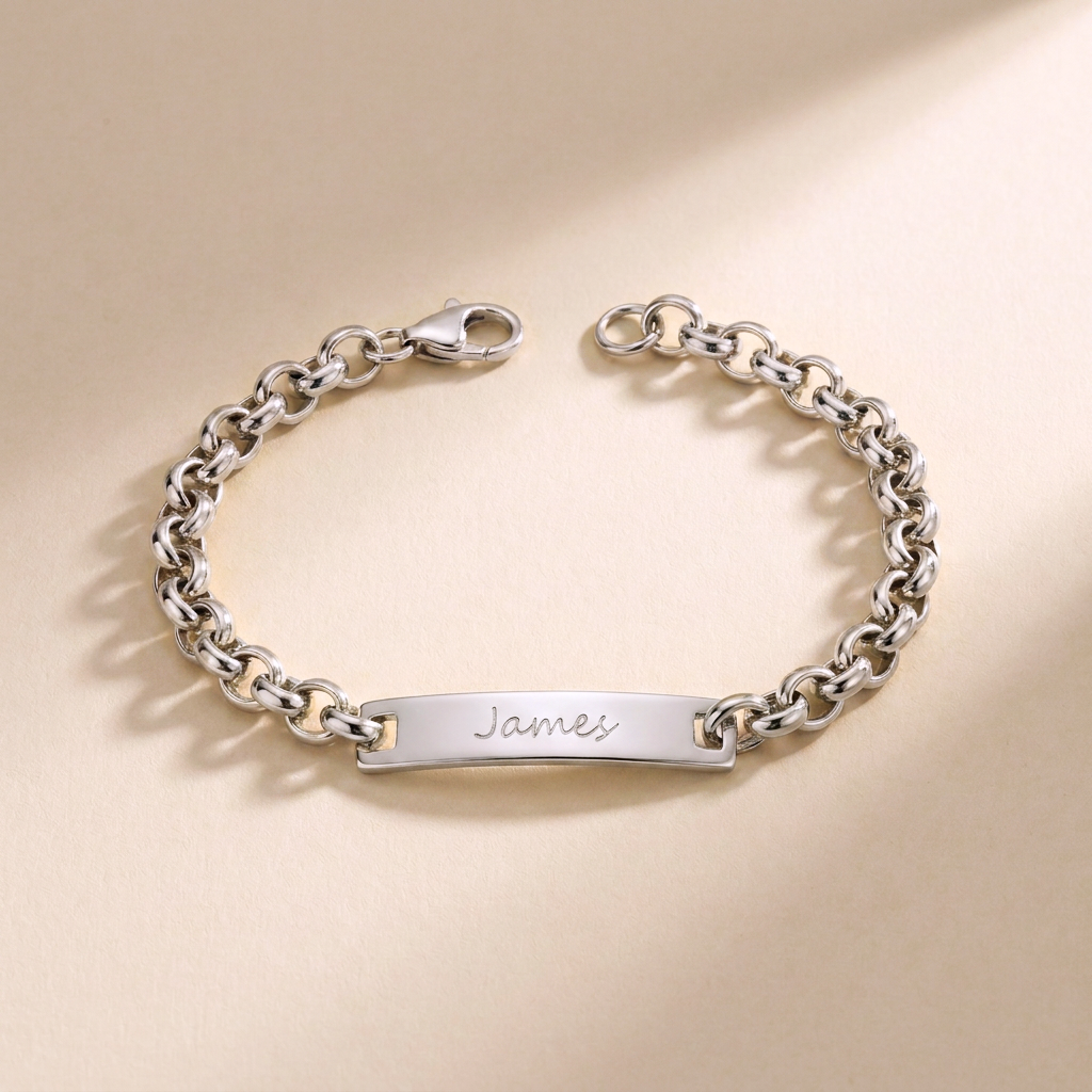 Custom Curb Chain ID Bracelet silver pendant close up - engraved silver ID bracelet Anthology Jewelry