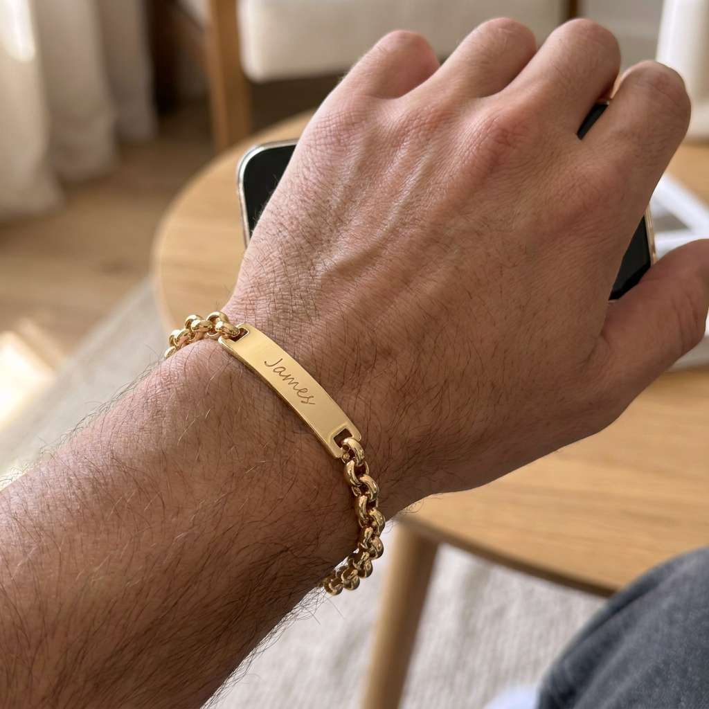 Custom Curb Chain ID Bracelet UGC photo - customer wearing engraved ID bracelet Anthology Jewelry