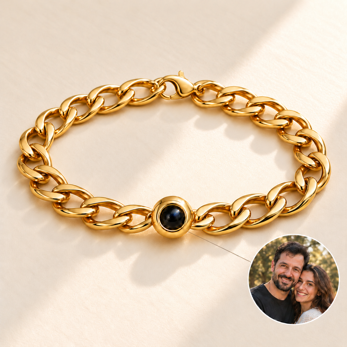 Custom Curb Link Photo Bracelet in Gold, longer oval curb-link layout with simple back lobster clasp, dark projection lens and illustrative sample photo inset - Anthology Jewelry