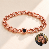 Custom Curb Link Photo Bracelet in Rose Gold, longer oval curb-link layout with simple back lobster clasp, dark projection lens and illustrative sample photo inset - Anthology Jewelry