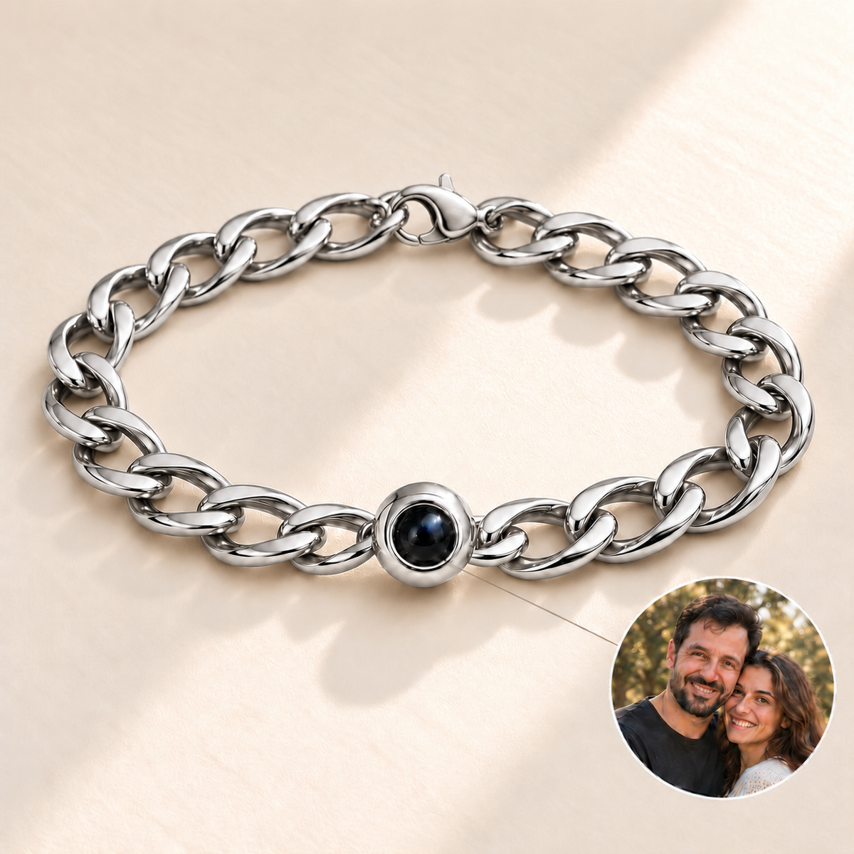 Custom Curb Link Photo Bracelet in Silver, longer oval curb-link layout with simple back lobster clasp, dark projection lens and illustrative sample photo inset - Anthology Jewelry