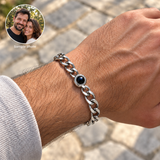 Custom Curb Link Photo Bracelet UGC-style photo - Silver open curb-link bracelet worn outdoors with dark projection lens and illustrative sample couple photo inset - Anthology Jewelry