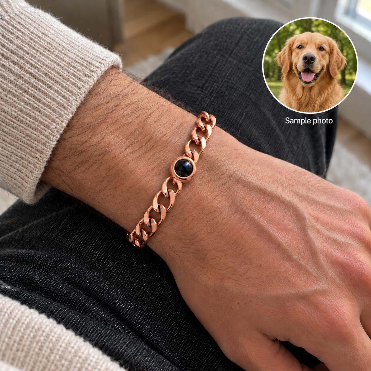 Custom Curb Link Photo Bracelet UGC-style photo - Rose Gold open curb-link bracelet worn with oatmeal knitwear, dark projection lens and illustrative sample golden retriever photo inset - Anthology Jewelry