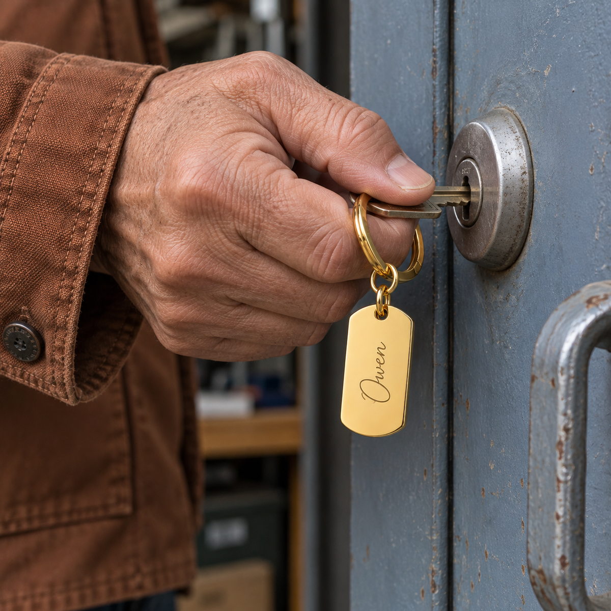 Custom Dog Tag Keychain held near a blue-gray workshop door