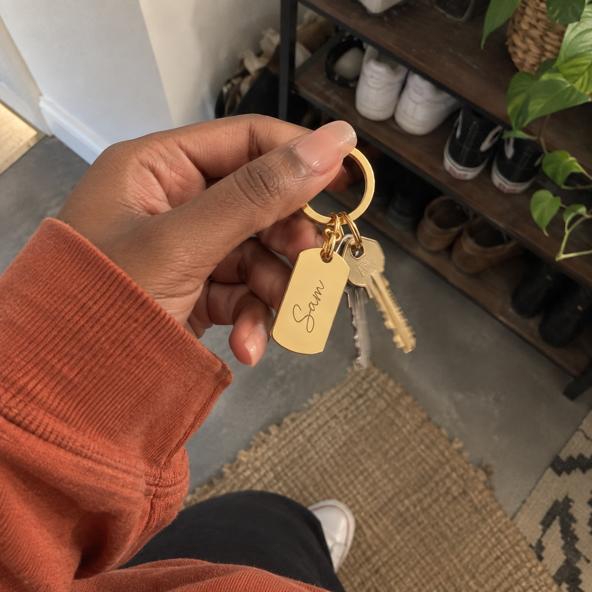 Custom Dog Tag Keychain authentic phone photo by a shoe shelf