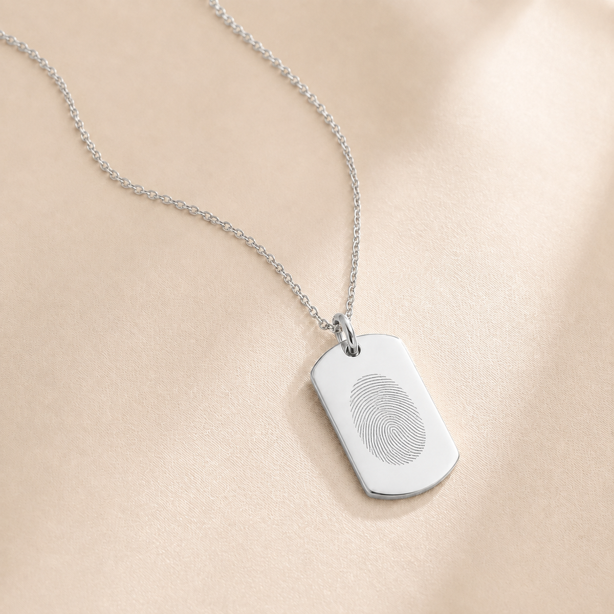 Custom Dog Tag Necklace in silver with fingerprint engraving detail - Anthology Jewelry