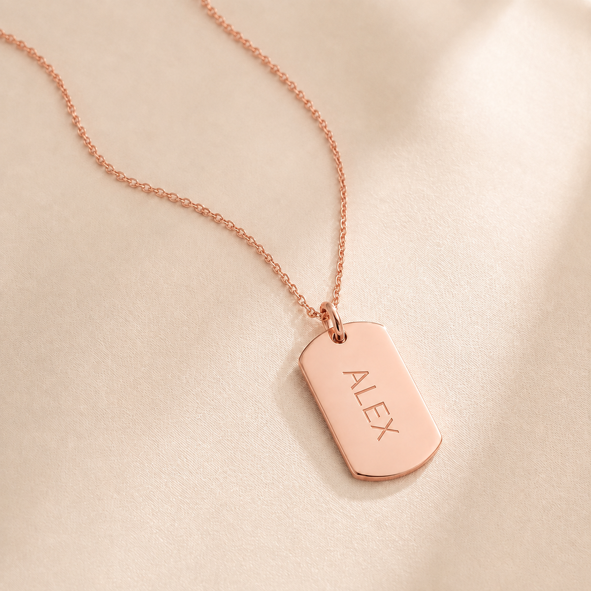 Custom Dog Tag Necklace in rose gold with engraved initials detail - Anthology Jewelry