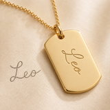 Custom Dog Tag Necklace engraving detail showing handwriting sample and finished tag - Anthology Jewelry