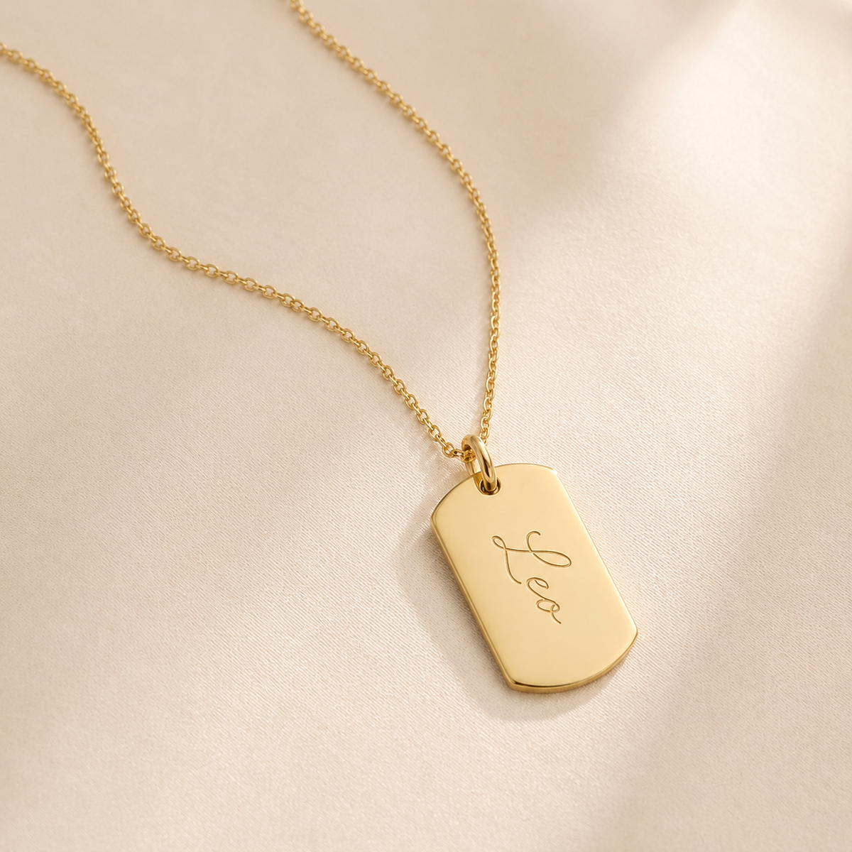Custom Dog Tag Necklace in gold with handwritten name engraving - Anthology Jewelry