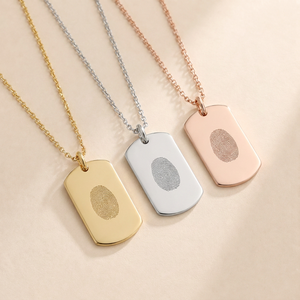 Custom Dog Tag Necklace shown in gold, silver, and rose gold finishes - Anthology Jewelry