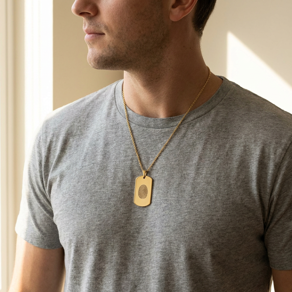 Custom Dog Tag Necklace worn lifestyle photo - personalized fingerprint dog tag necklace Anthology Jewelry